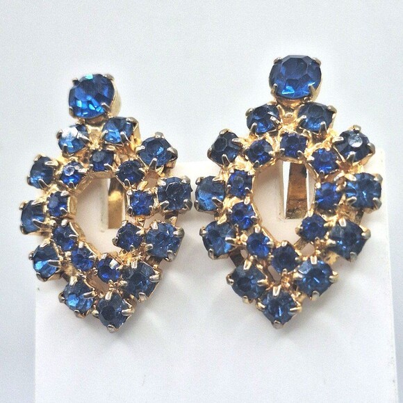 Jewelry - Vintage Beautiful Blue Rhinestone and Gold-tone Metal Clip-on Earrings